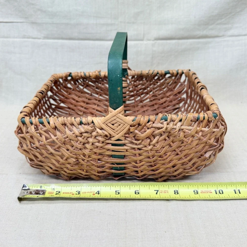 Vintage Wicker Gathering Basket Green Handle Cottage Decor Organizer 1970s